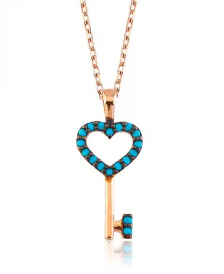 Gümüş Mavi Kalpli Anahtar Bayan Kolye