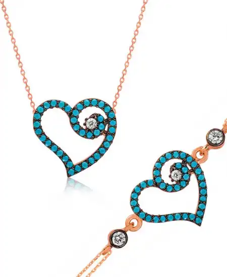 Gümüş Mavi Kalpli Bayan Set