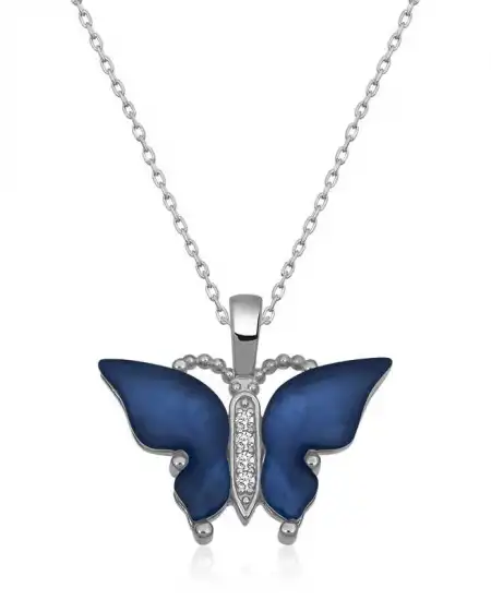 Gümüş Mavi Kaplangözü Taşlı Kelebek Kolye