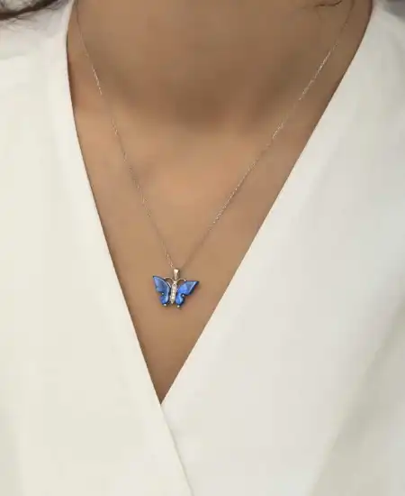 Gümüş Mavi Kaplangözü Taşlı Kelebek Kolye