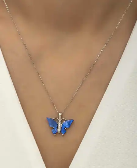 Gümüş Mavi Kaplangözü Taşlı Kelebek Kolye