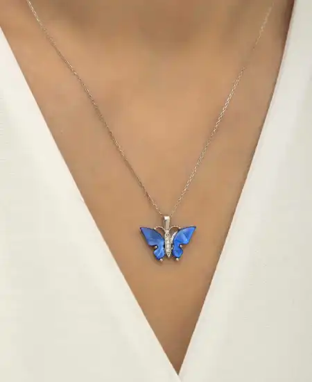 Gümüş Mavi Kaplangözü Taşlı Kelebek Kolye