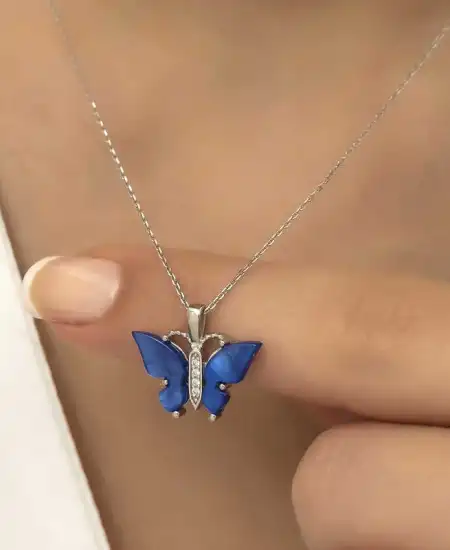 Gümüş Mavi Kaplangözü Taşlı Kelebek Kolye