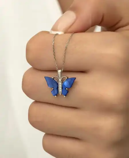 Gümüş Mavi Kaplangözü Taşlı Kelebek Kolye