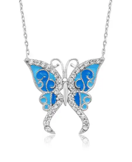 Gümüş Mavi Kelebek Bayan Kolye