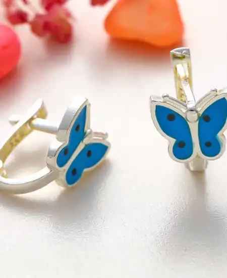 Gümüş Mavi Kelebek Çocuk Küpesi