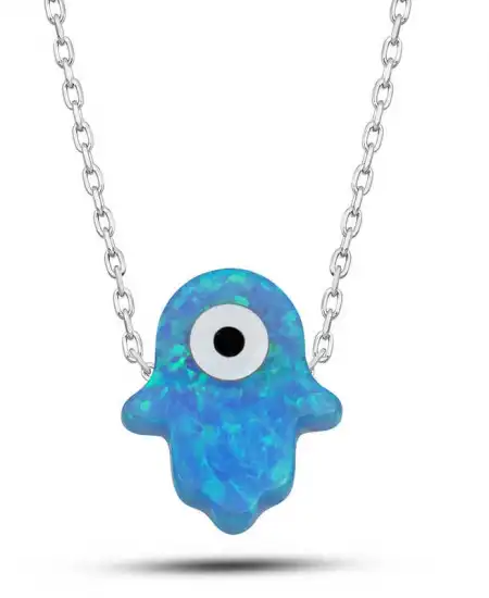 Gümüş Mavi Nazarlı Opal Fatma Ana Eli Kadın Kolye