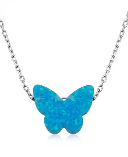 Gümüş Mavi Opal Taş Kelebek Bayan Kolye