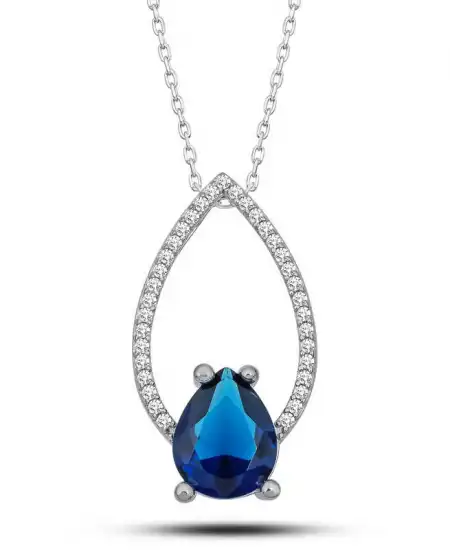 Gümüş Mavi Taşlı Damla Kadın Kolye