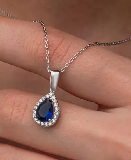 Gümüş Mavi Taşlı Damla Kadın Kolye