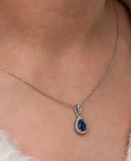 Gümüş Mavi Taşlı Damla Kadın Kolye