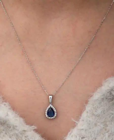 Gümüş Mavi Taşlı Damla Kadın Kolye