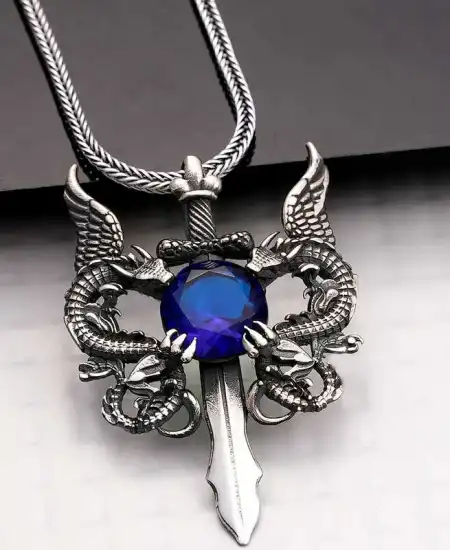 Gümüş Mavi Taşlı Ejderha Erkek Kılıç Kolye