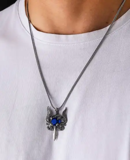 Gümüş Mavi Taşlı Ejderha Erkek Kılıç Kolye