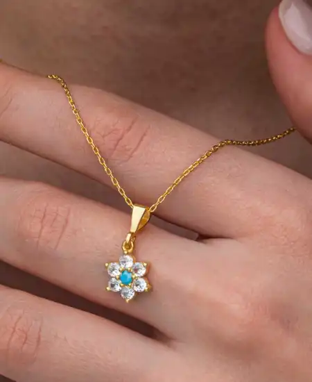 Gümüş Mavi Taşlı Gold Çiçek Kadın Kolye