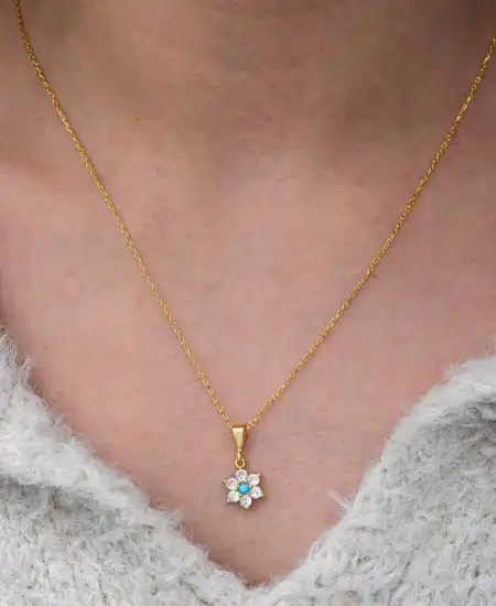 Gümüş Mavi Taşlı Gold Çiçek Kadın Kolye