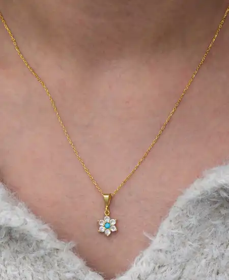 Gümüş Mavi Taşlı Gold Çiçek Kadın Kolye