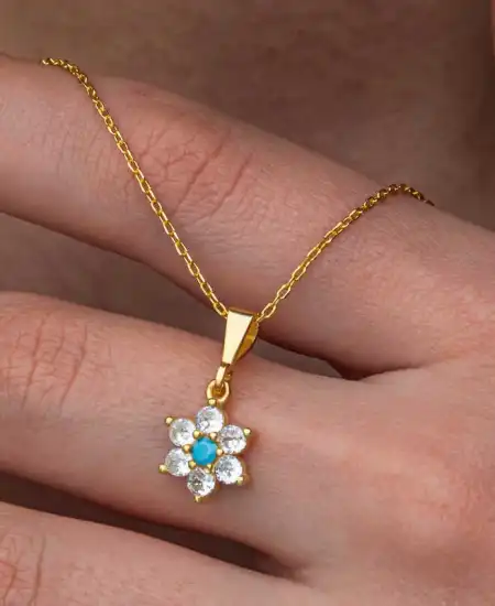 Gümüş Mavi Taşlı Gold Çiçek Kadın Set