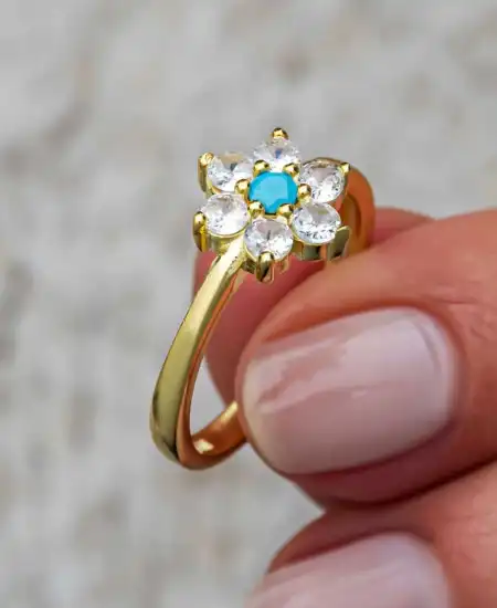 Gümüş Mavi Taşlı Gold Çiçek Kadın Yüzük