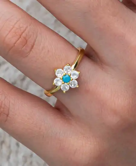 Gümüş Mavi Taşlı Gold Çiçek Kadın Yüzük
