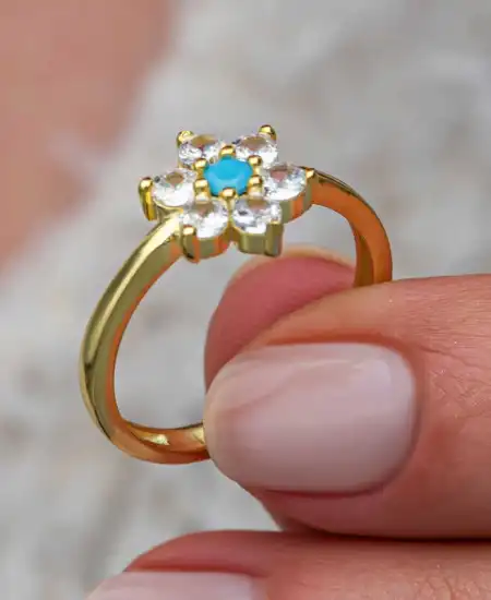 Gümüş Mavi Taşlı Gold Çiçek Kadın Yüzük