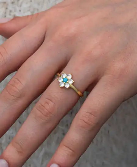 Gümüş Mavi Taşlı Gold Çiçek Kadın Yüzük