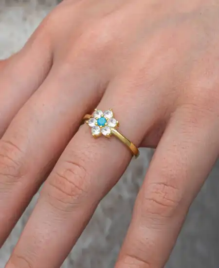 Gümüş Mavi Taşlı Gold Çiçek Kadın Yüzük