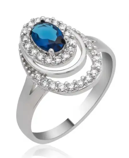 Gümüş Mavi Taşlı Oval Bayan Yüzük