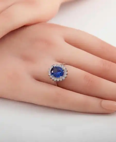 Gümüş Mavi Taşlı Oval Kadın Yüzük