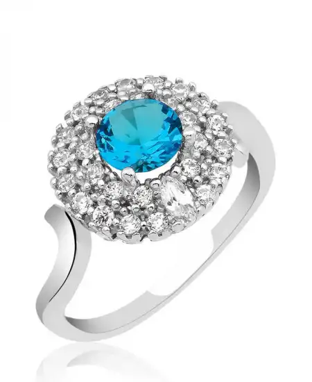 Gümüş Mavi Taşlı Yuvarlak Bayan Yüzük