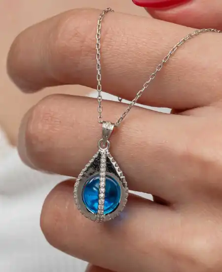 Gümüş Mavi Zirkon Taşlı Küre Kadın Kolye