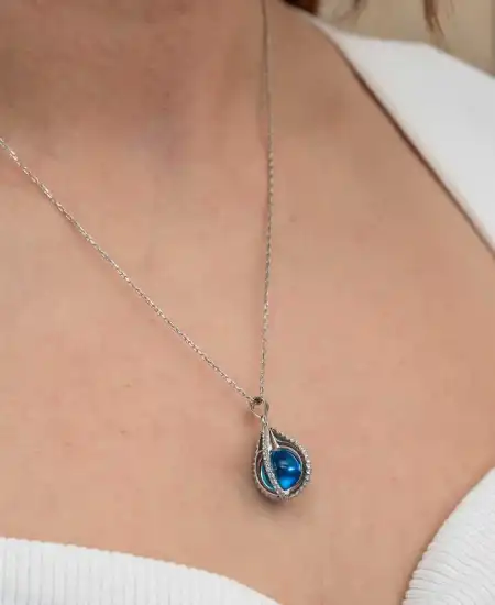 Gümüş Mavi Zirkon Taşlı Küre Kadın Kolye