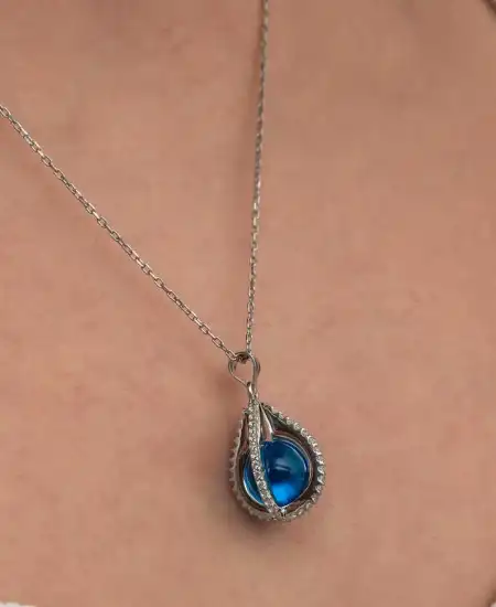 Gümüş Mavi Zirkon Taşlı Küre Kadın Kolye