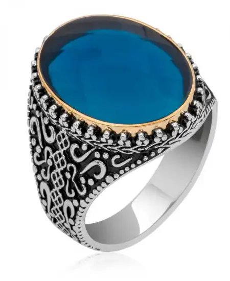 Gümüş Mavi Zirkon Taşlı Oval Erkek Yüzük