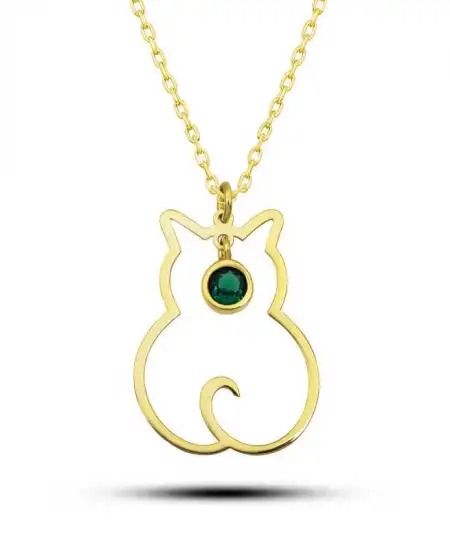 Gümüş Mayıs Ayı Doğum Taşı Kedi Kadın Kolye