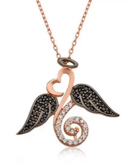 Gümüş Melek Kanatlı Kalp Bayan Kolye