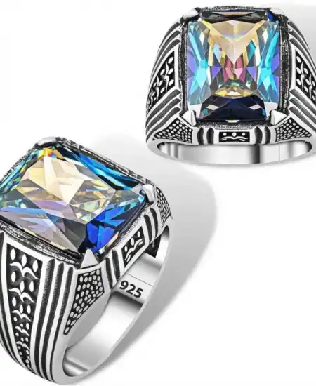Gümüş Mistik Topaz Kare Erkek Yüzük
