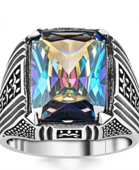 Gümüş Mistik Topaz Kare Erkek Yüzük