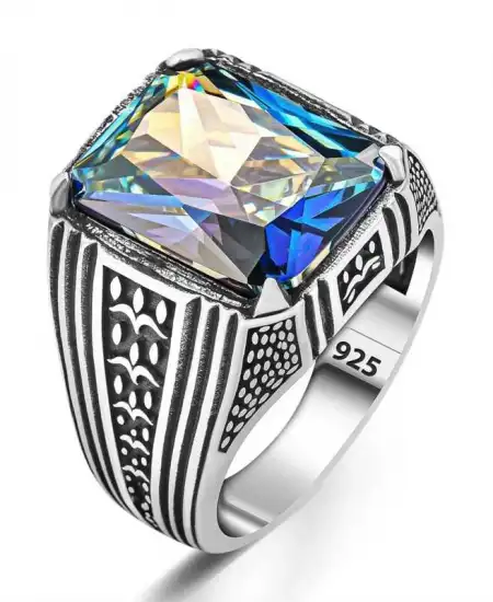 Gümüş Mistik Topaz Kare Erkek Yüzük