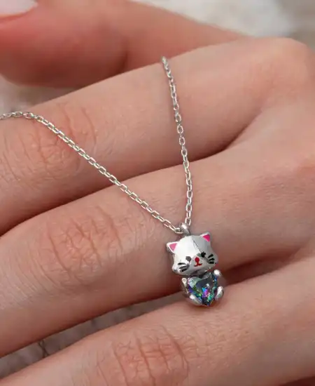 Gümüş Mistik Topaz Taşlı Sevimli Kedi Kolye