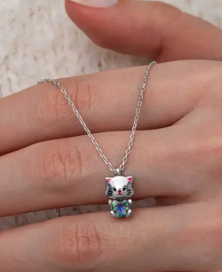 Gümüş Mistik Topaz Taşlı Sevimli Kedi Kolye