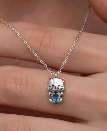 Gümüş Mistik Topaz Taşlı Sevimli Kedi Kolye