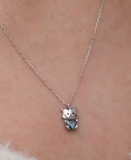 Gümüş Mistik Topaz Taşlı Sevimli Kedi Kolye