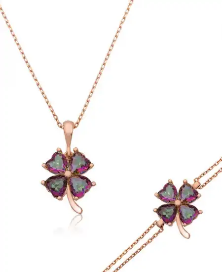 Gümüş Mistik Topaz Yonca Bayan Set