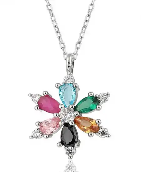 Gümüş Mix Taşlı Lotus Çiçeği Kadın Kolye