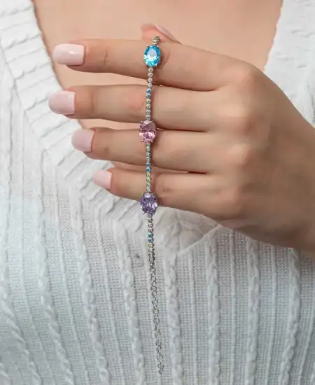 Gümüş Mix Taşlı Oval Su Yolu Kadın Bileklik