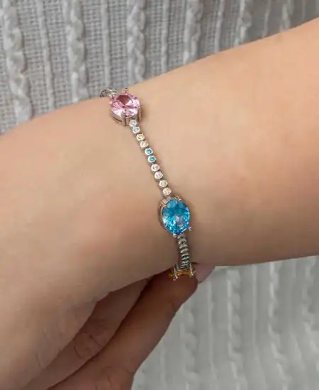 Gümüş Mix Taşlı Oval Su Yolu Kadın Bileklik