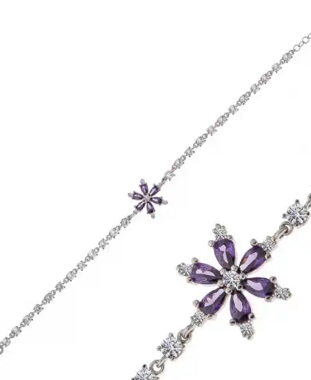 Gümüş Mor Lotus Çiçeği Kadın Bileklik