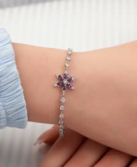Gümüş Mor Lotus Çiçeği Kadın Bileklik