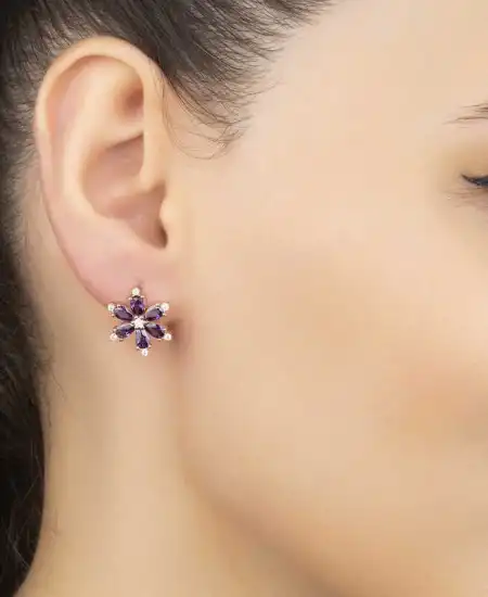 Gümüş Mor Lotus Çiçeği Kadın Küpe